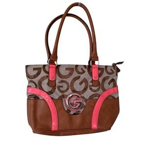Guess Logo Tote Bag Brown Canvas Coral Patent Trim Large Shoulder Purse Y2K